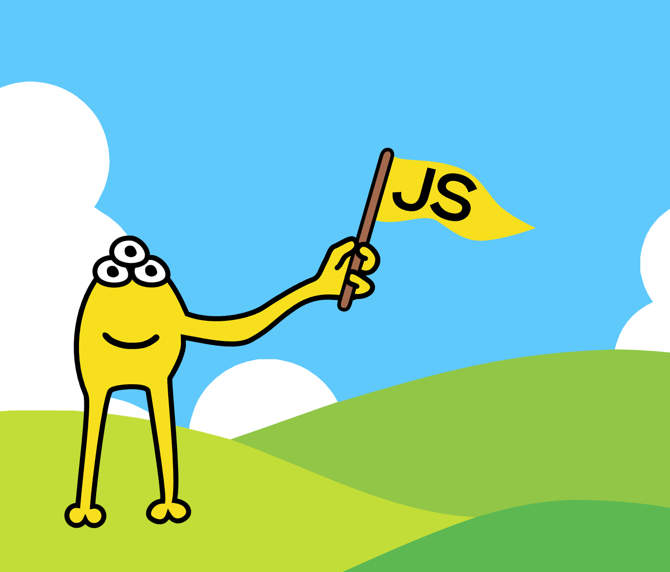 mascote havascript com bandeira nas mãos